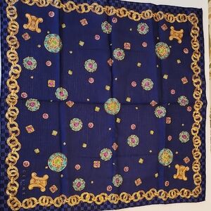 Celine Navy and Gold Chain Pattern Scarf